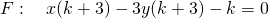 F: \quad x(k+3)-3y(k+3)-k=0