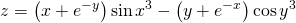 \displaystyle z= \left ( x+e^{-y} \right ) \sin x^{3}-\left ( y+e^{-x} \right ) \cos y^{3}